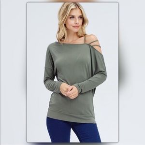 Olive Green Strappy Shoulder Long Sleeve Top